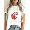 White T Shirt With Red Rose And Butterflies Print For Casual Wear