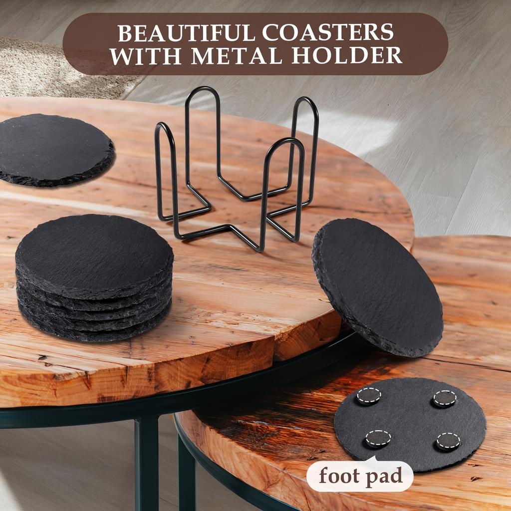 Coasters Black Slate 8pcs Drink Coasters With Metal Holder Stone Coaster Set Coffee Table Decor Tabletop Protection