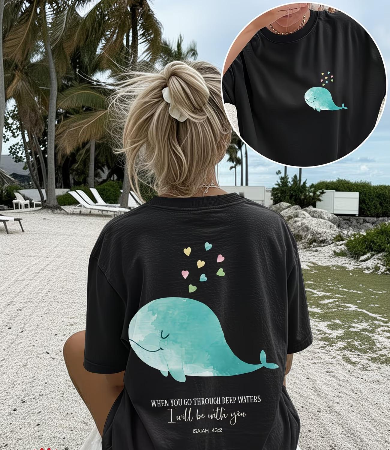 Christian Whale Graphic T Shirt Isaiah 43:2 Bible Verse Faith Tops Women Trendy Back Print Casual Short Sleeve Summer Tee S чёрный