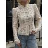 Nová krajková háčkovaná květinová dámská košile Módní dojíždění Dlouhý rukáv Kardigan Top Retro Slim Stojáček Dámské halenky