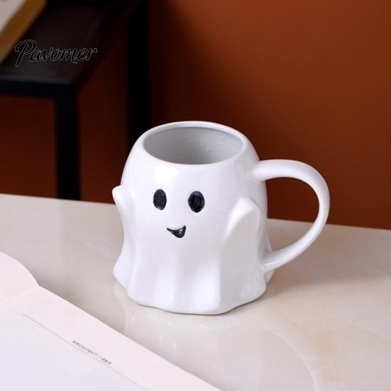 Ergonomic Handle Water Mug Halloween Ghost Ceramic Cup, Cute 3D Smiling Face Novelty Birthday Present Coffee Mug, Decorative Drinkware for Hot