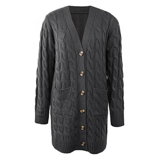 

Длинный рукав, два кармана, рубчатая отделка, однобортный вязаный жакет, осень-зима, повседневный однотонный кардиган средней длины крупной вязки, женский трикотаж XL серый