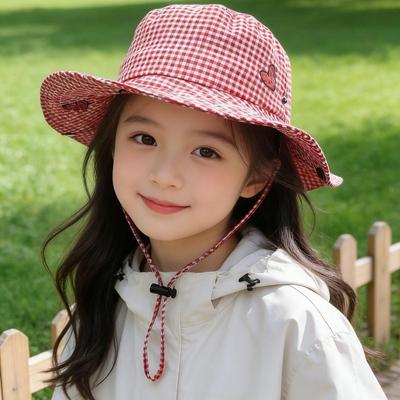 Summer Parent-Child Plaid Heart Wide Brim Sun Hat - Stylish Travel Vacation Fisherman Hat for Kids with Sun Protection