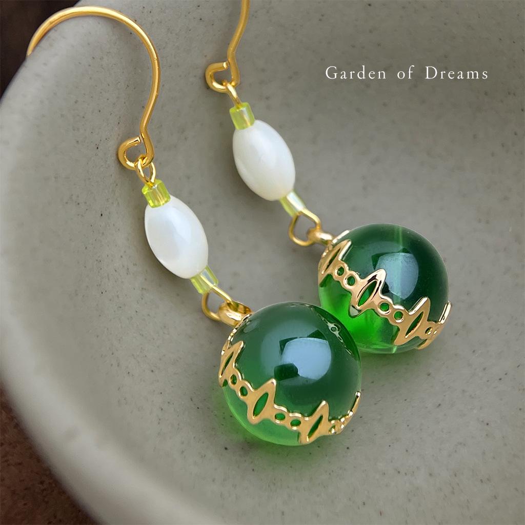 National Style Handmade Mother-of-Pearl Glass Water Drop Earrings - Forest-Inspired Sweet Temperament for Women