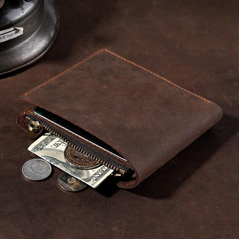 Men's Bifold Wallet with Zipper Coin Pocket Crazy Horse Leather Multi Card Slots Vintage Short Wallet for Men Genuine Leather