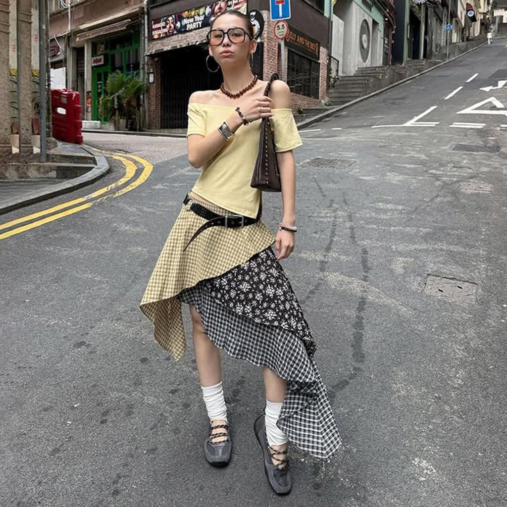 Y2K Style Plaid & Floral Low-Waist Ruffled Skirt