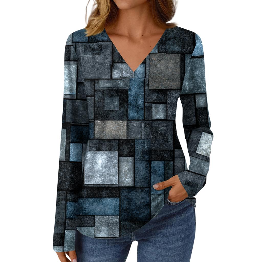 Women's Casual Fashion Brushed Retro Floral Print Long Sleeve V-Neck Top T-Shirt