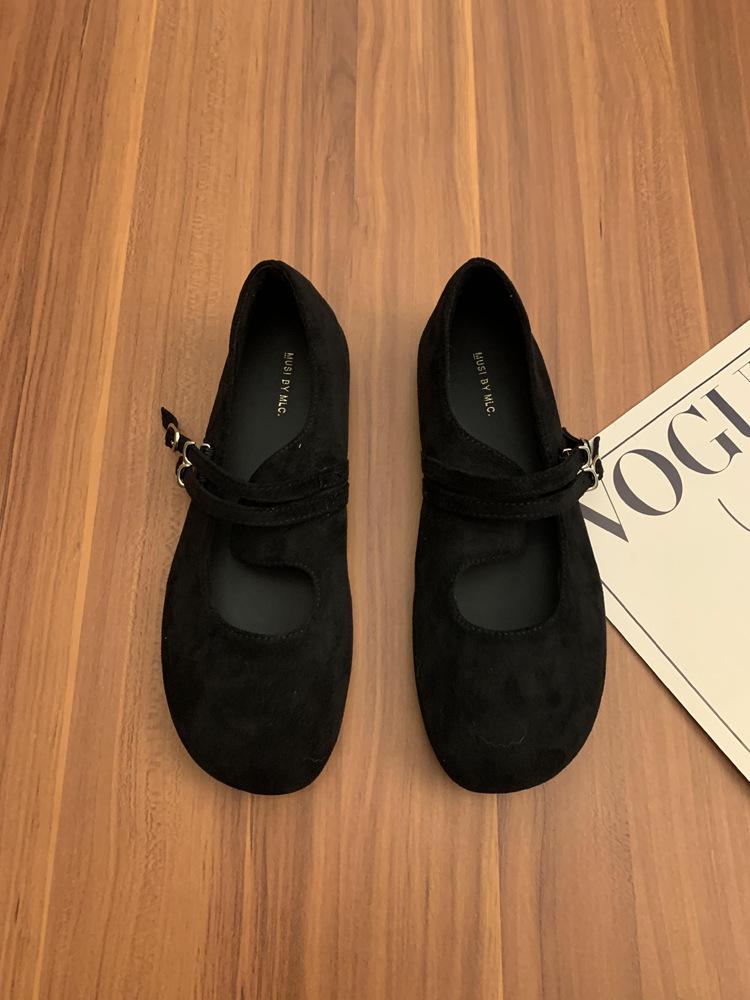Retro Mori literary and artistic style frosted leather Mary Jane shoes one-word buckle with shallow mouth round head flat-bottomed ballet single shoes