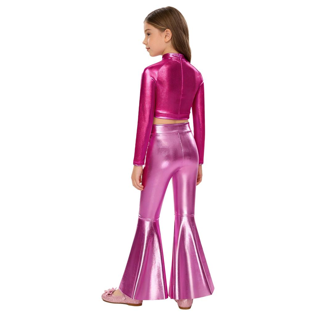 Girls Long Sleeve Sequin Metallic Crop Top Split Bell Bottom Shiny Pants Dance Performance Outfit