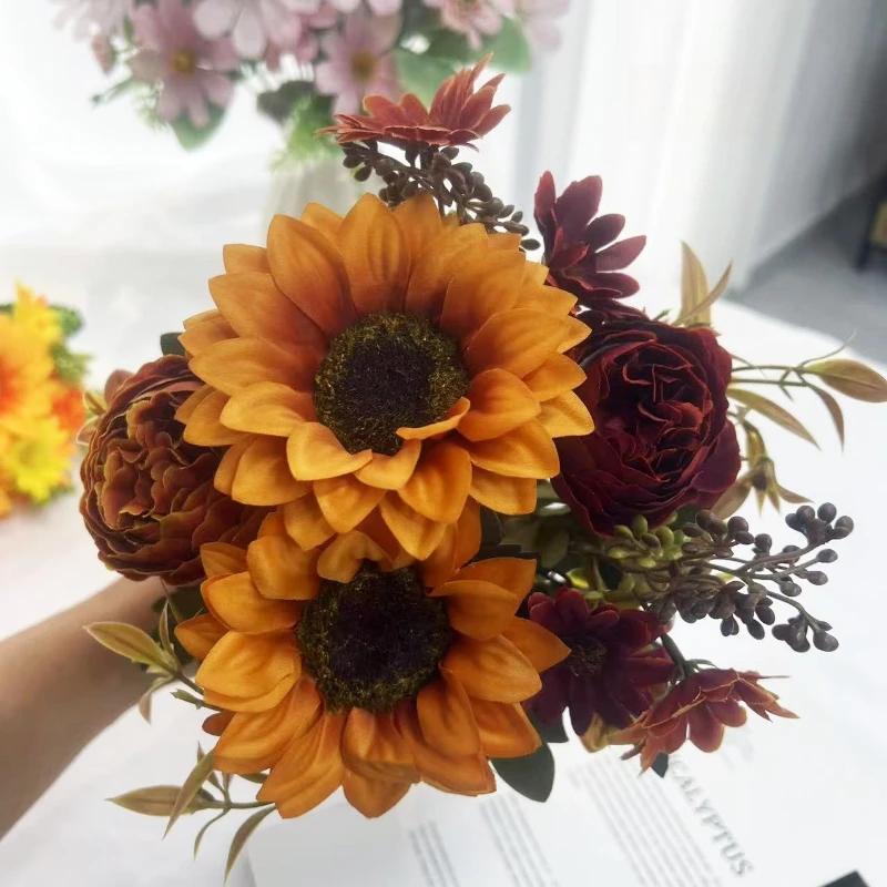 Nordic Artificial Flowers Silk Sunflower Peony Bouquet Garden Decoration Green Plant Fake Flower Simulation Chrysanthemum