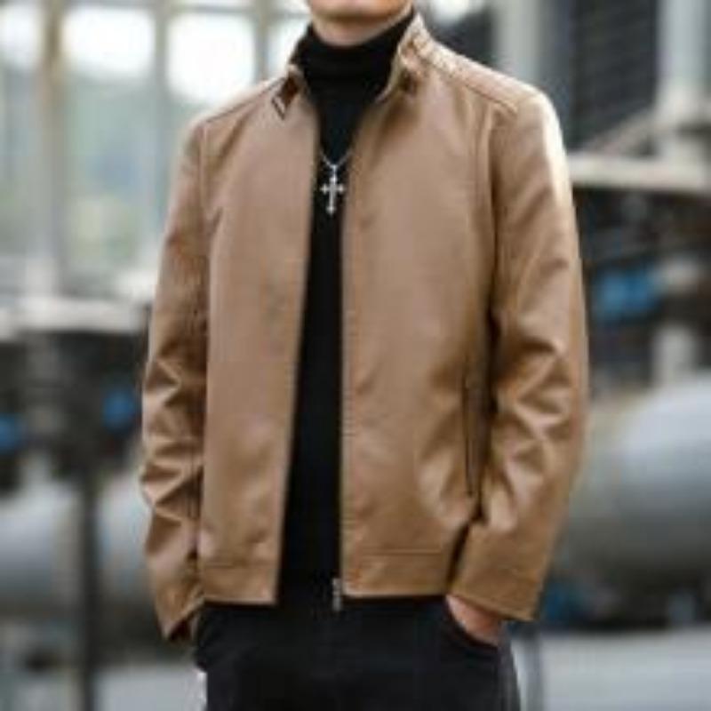 Men's Leather Jacket Spring and Autumn New Motorcycle Jacket Stand Collar Men's Top Trendy Short Leather Jacket Plus Velvet Leather Jacket