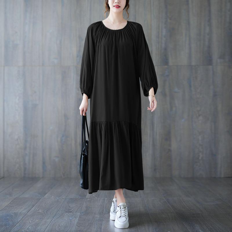 

2024 Платье кэжуал большого размера в стиле пэчворк с плиссировкой для женщин - Свободное, Стройнящее, Длинное One Size чёрный