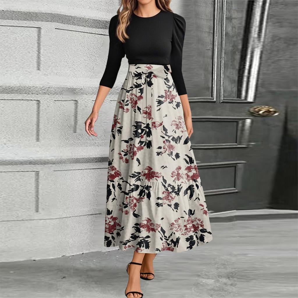 Damenmode Freizeitgürtel Rundhals Florale Stickerei Elegantes Temperament Dreiviertelarm Kleid