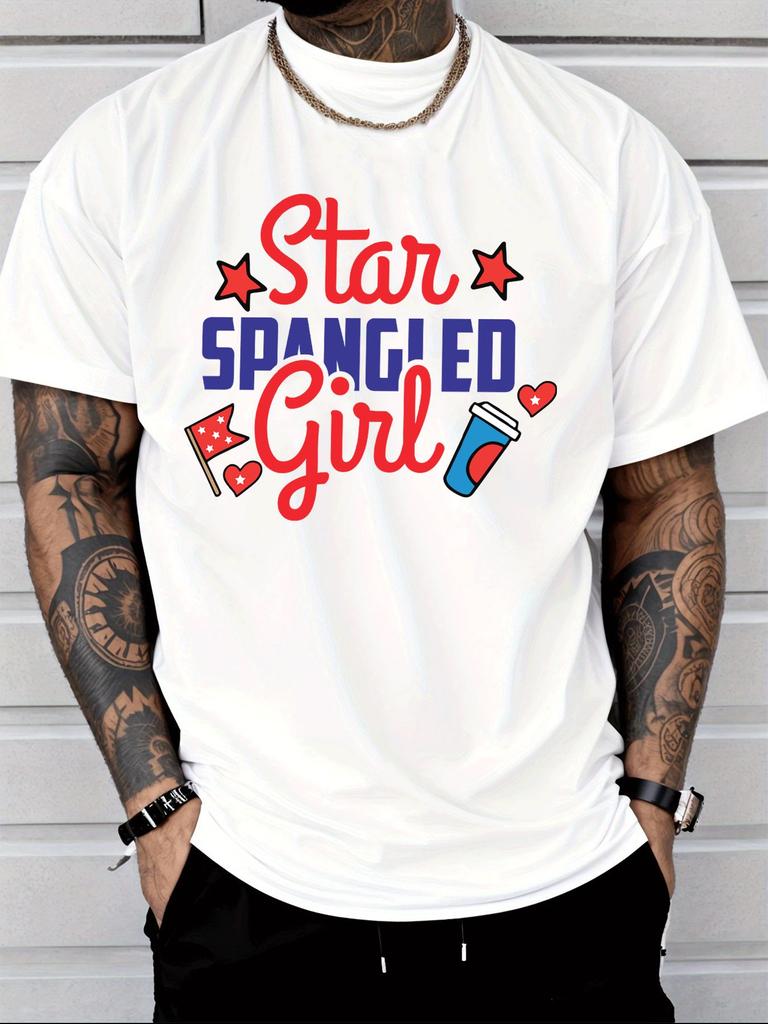 Unisexs Summer Short Sleeve T Shirt Star Spangled Girl USA Flag Print Crew Neck Black Tee Patriotic Daily Holiday Fashion Top