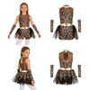 Salopetă Copii Fete Om cavernic cu Imprimeu Leopard, cu Mănuși, Plasă Metalică Patchwork, Fără Mâneci, Romper Tutu pentru Halloween, Costum de Scenă
