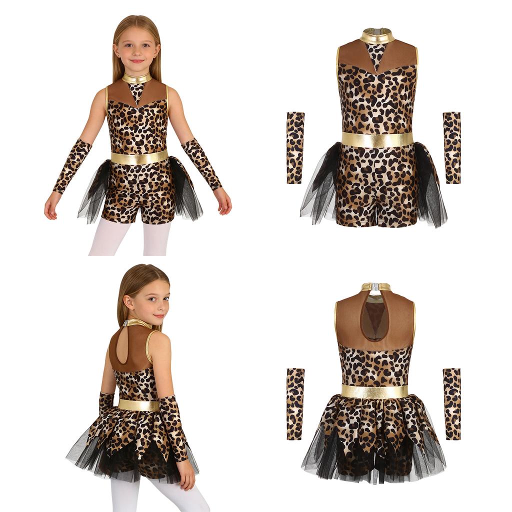 Kinder Mädchen Höhlenmensch Leopardenmuster Jumpsuit mit Handschuhen Netz Metallisch Patchwork Ärmellos Tutu Romper für Halloween Bühnenkostüm