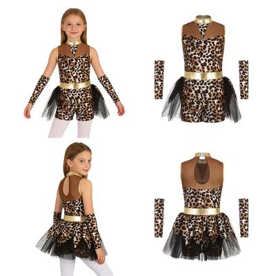 Kids Girls Caveman Leopard Print Jumpsuit with Gloves Mesh Metallic Patchwork Sleeveless Tutu Romper for Halloween Stage Costume