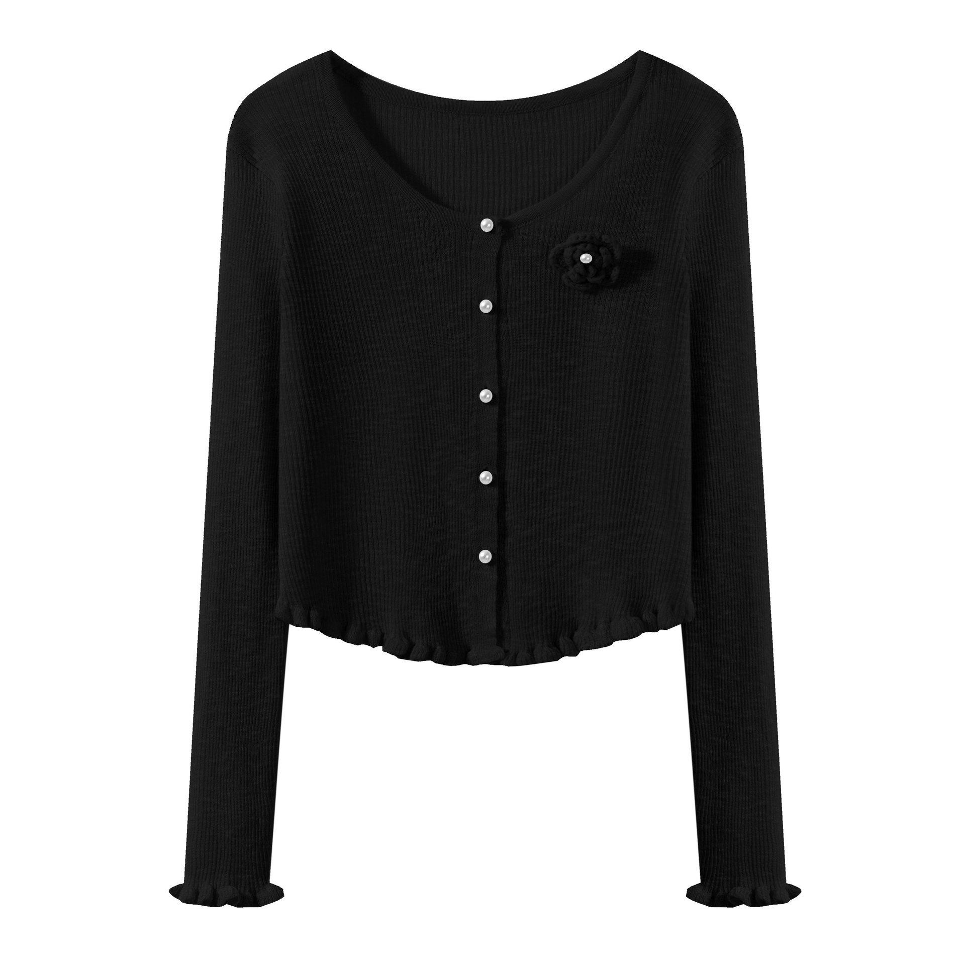 

3D Floral Wood Ear Trim Women’s Summer Knit Cardigan - Thin V-neck Ice Silk Sun Protection Shawl One Size