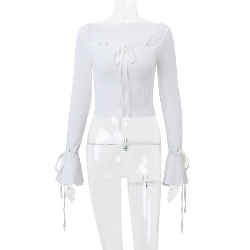 

Ins European and American Style 2023 New Pure Desire Girl Style Bow Tie Ribbed Slim Fit Flared Long Sleeve Top T-Shirt for Women White S