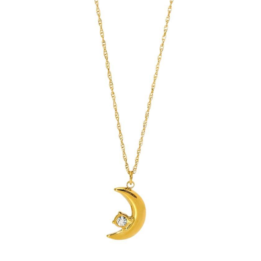 Simple zircon moon pendant necklace small gold ball bean fringed collarbone chain women's stainless steel stacked jewelry