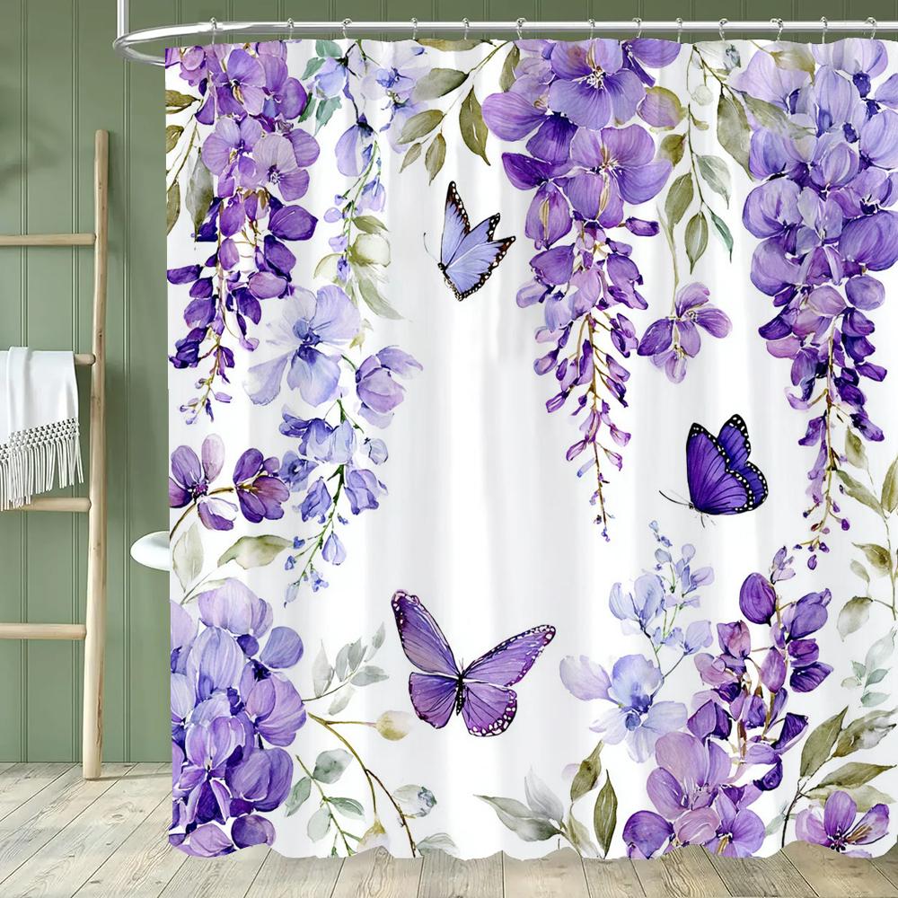 1pc Beautiful Blue Butterfly Shower Curtain Floral Bathroom Contain Decoration Printed Polyester Fabric Contains 12 Hooks