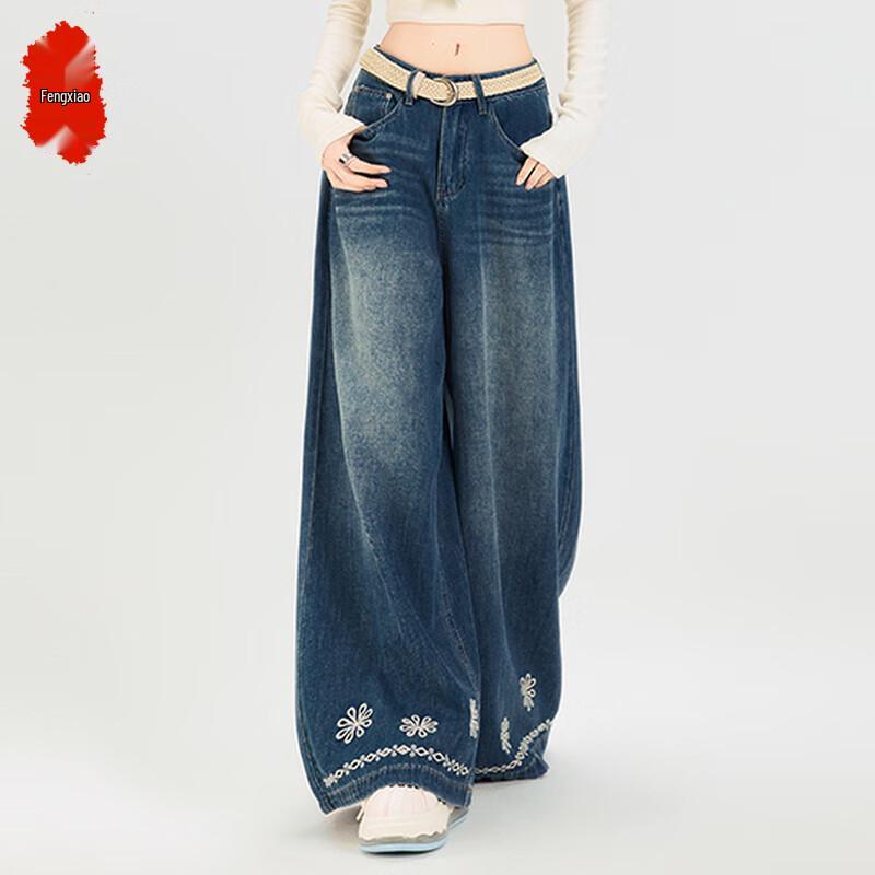 

Fengxiao Women s Floral Embroidered Retro Blue Wide-Leg Jeans 2XL