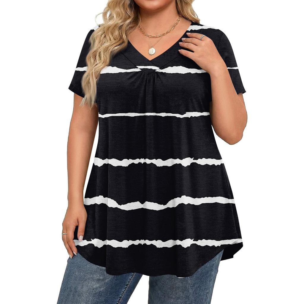 Blusa Casual Elegante Feminina Plus Size, Manga Curta, Decote V, Corte Amplo, Para o Trabalho