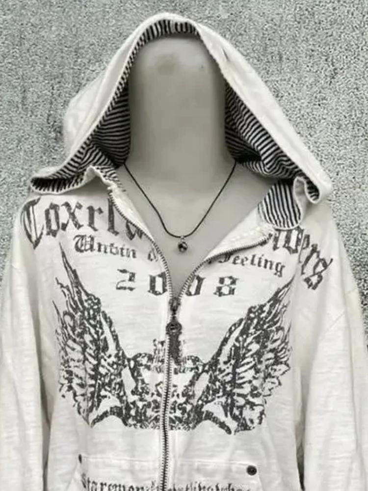 2000s Retro Vintage Sweatshirt Women Clothes White Print Tunic Hooded Y2k Coat Streetwear Fashion Casual Hoodies Tops Ropa Mujer