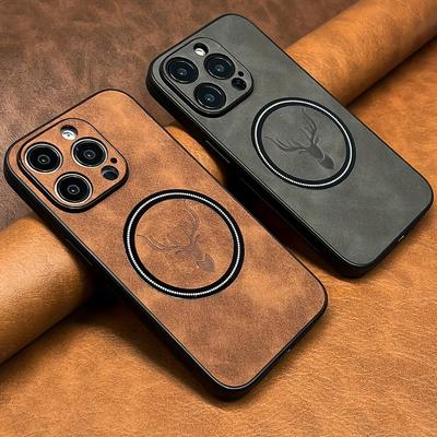 Luxuriöse Kunstschaffell-Kunstlederhülle für iPhone 17 16 15 14 13 12 Pro Max Plus Hirschkopf Magnetische Kabellose Aufladung Weiche Stoßfeste Abdeckung