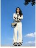 7783 Korean Fashion Rich Girl Heart Color Block Knit Cardigan & Long Pants Set - Fall/Winter