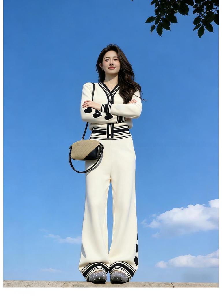 7783 Korean Fashion Rich Girl Heart Color Block Knit Cardigan & Long Pants Set - Fall/Winter