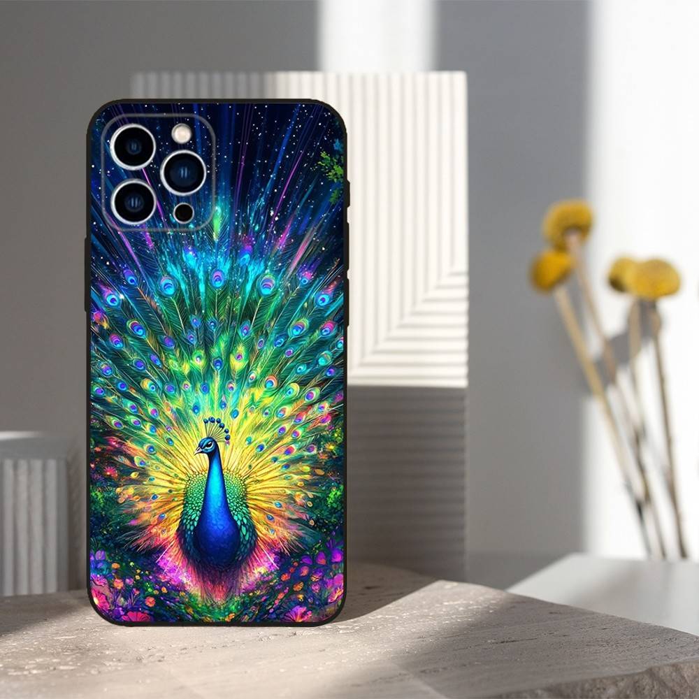 

Beauty Peacock Feathers Case For iPhone 12,14,15,16,17,13,11,X,Mini,Plus,Pro Max,8,7,XR,SE,XS,Soft Silicone Black iPhone15PROMAX