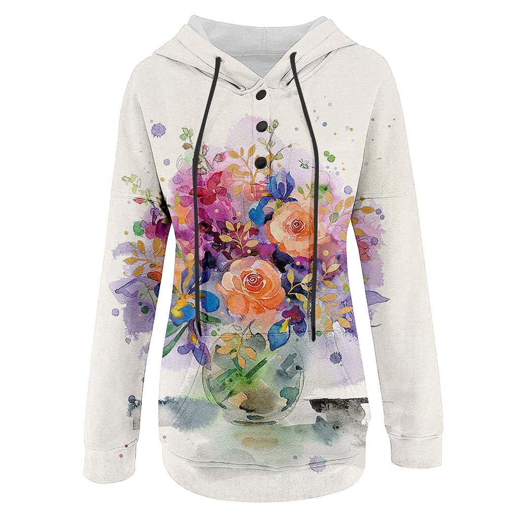 Women's Casual Fashion Floral Print Long Sleeve Pullover Hooded Top