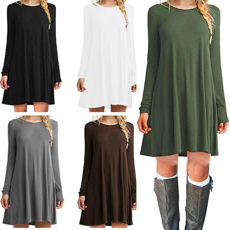 Women Long Sleeve Pleated Swing Loose Dress Women Solid Color Round Neck Casual Dress