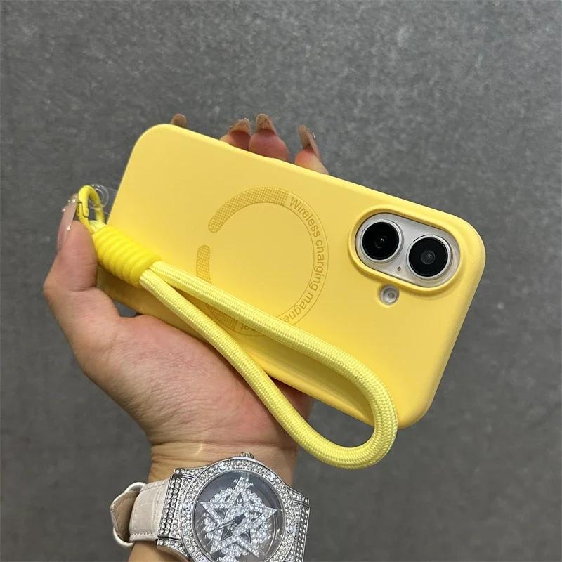 Wrist Strap Magnetic Phone Case For iPhone 17 15 14 11 12 13 16 Pro Max Air Liquid Silicone For Magsafe Lanyard Protector Cover