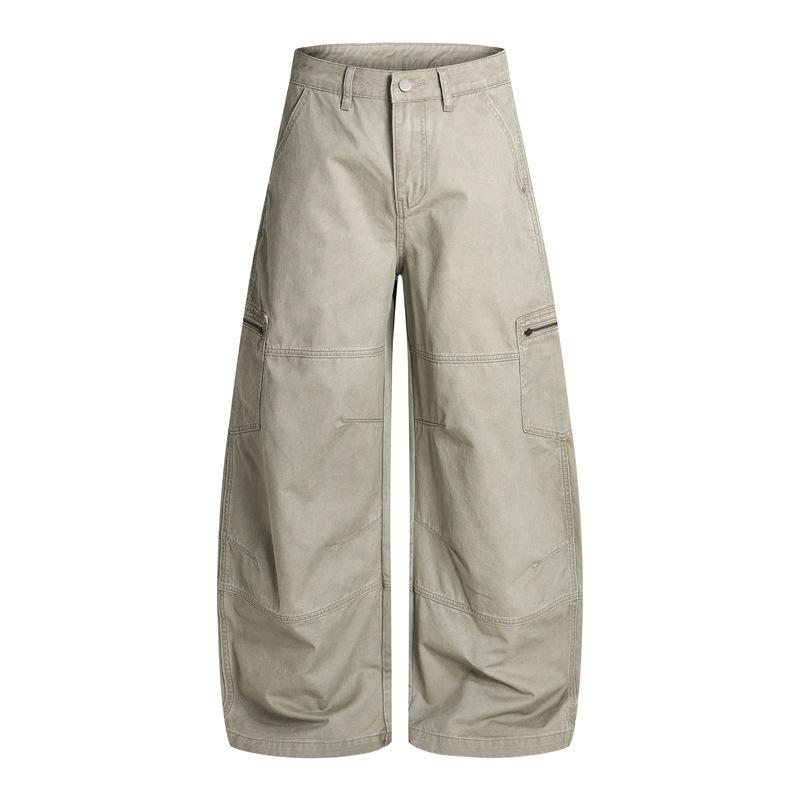 Light Gray American Retro Scimitar Pants Tooling Zipper Pocket Casual Pants Loose Versatile Wide Legs Mopping Long Pants