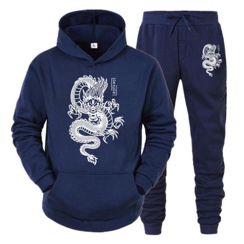 Men's And Women's Long Sleeves Set Hoodie+Pant Spring Winter Dragon Print Casual Sweatshirt Sportwear Men Clothing