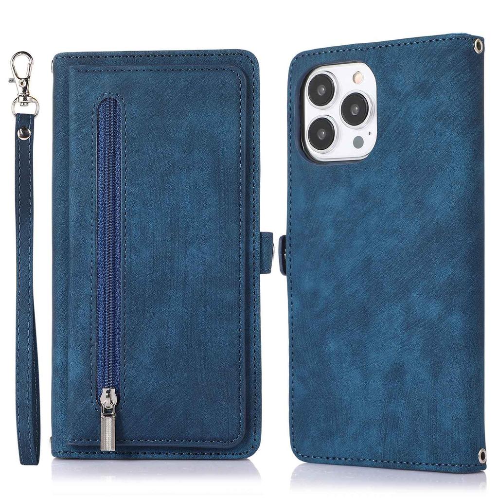 For iPhone 15 Pro Case Zipper Pocket 9 Card Slots PU Leather Phone Cover with Wrist Strap
