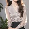 Grey Satin Long-sleeved Shirt for Women In Autumn Wear with A V-neck Elegant Temperament Fashionable and Stylish Suitable As An Early Autumn Top