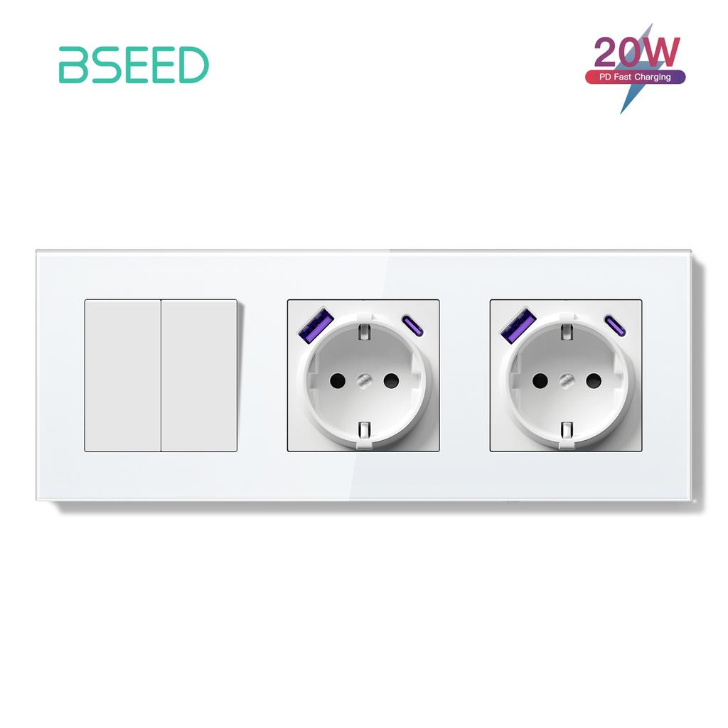 BSEED Switch Light Switch White Glass Frame Wall Power Sockets USB-C Phone Charge E-Series EU Standard 2 Way