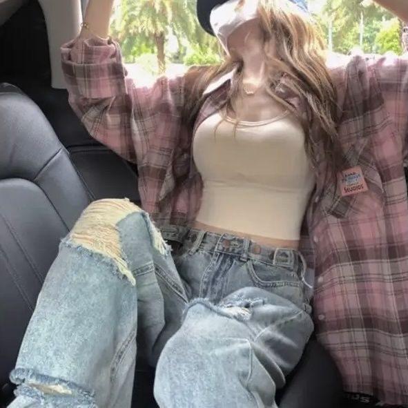 2025 Women's Retro Blue Plaid Shirt Jacket - Loose Fit, Long Sleeve for Spring & Autumn