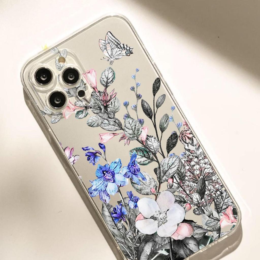 Drop-Proof Transparent Blue-Purple Flower Case for iPhone 14/15/16/17 Pro Max