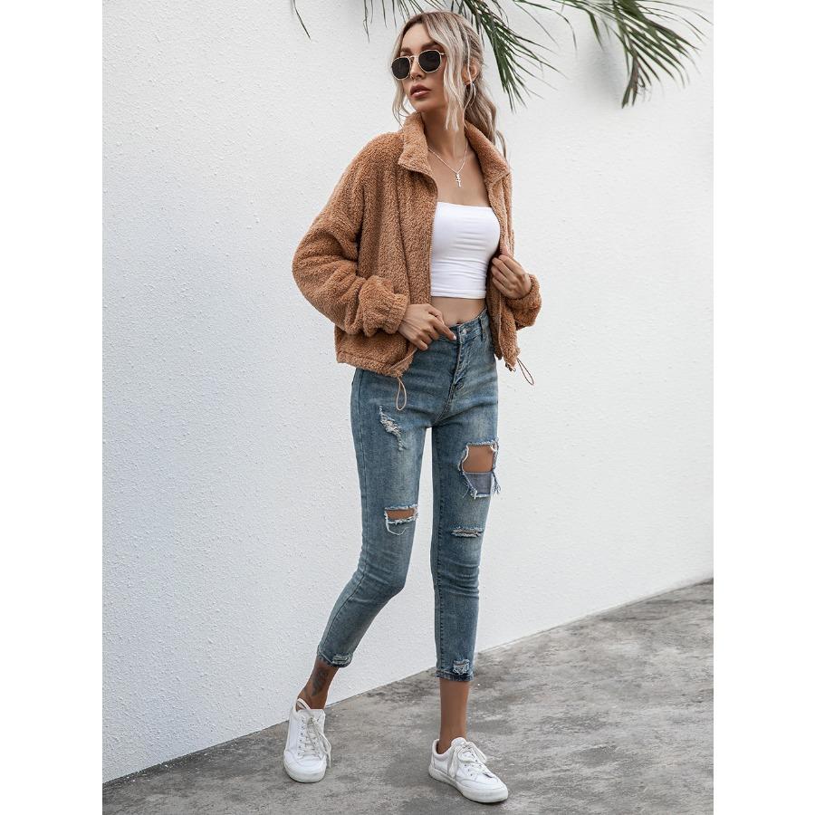 Autumn Winter Double-sided Velvet Short Plush Coat Top Women's Fashion Hoodie Jacket