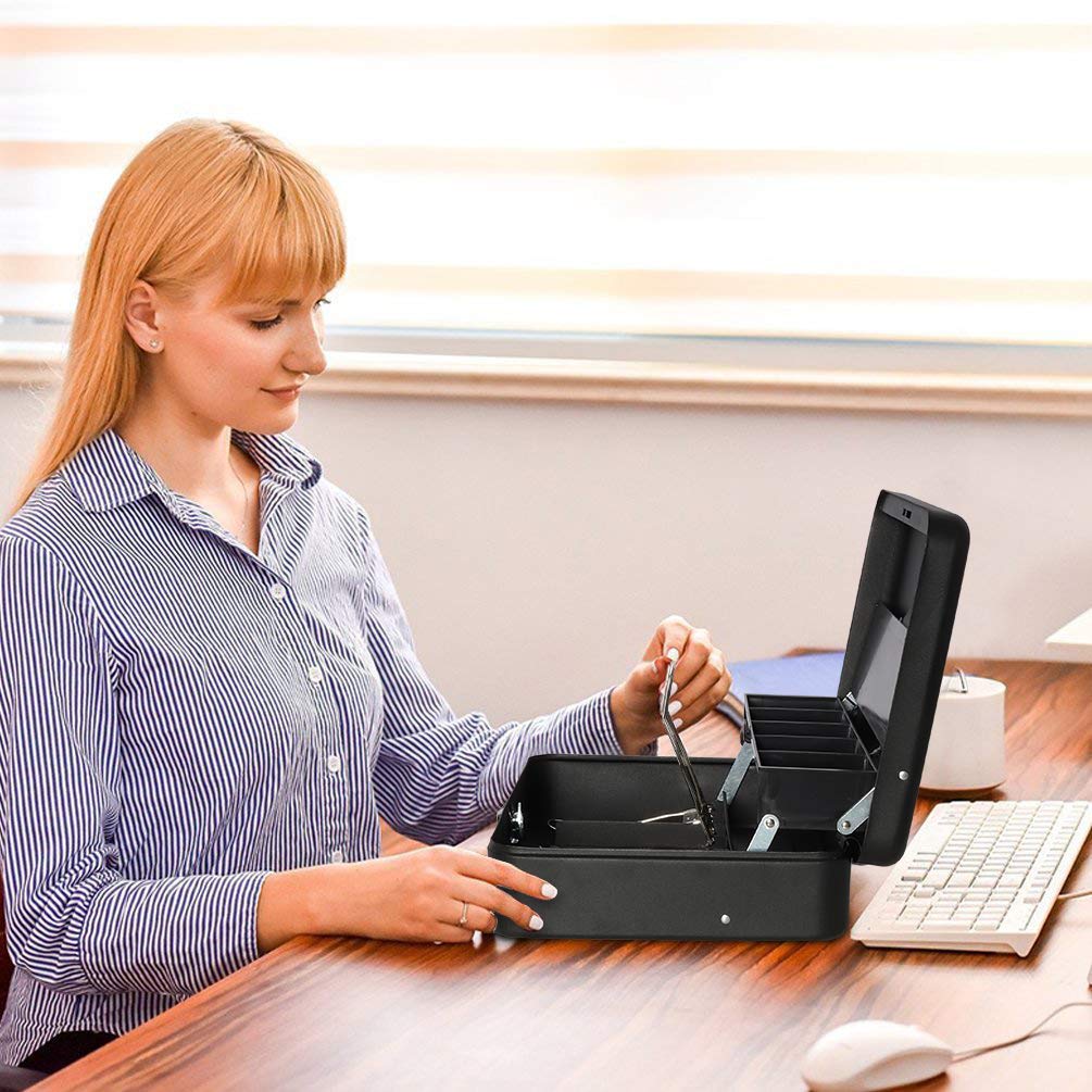 Jssmst Handheld Safe with Dial Operation, Accounting Coin Case with Three Spring Clips, Organizes Banknotes, Metal, 30x24x8.8cm (Black Dial)