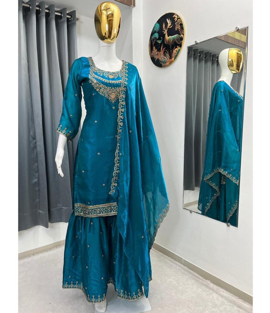 Women Bollwood Fendy Fabric Salwar Suit Sharara Set Indian Designer Party Wear Salwar Kameez