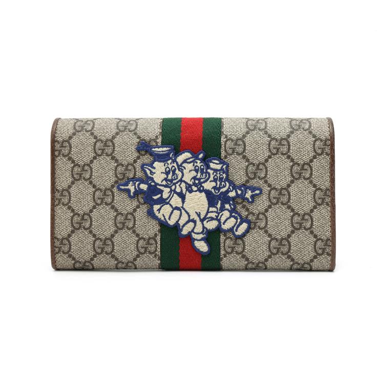 Gucci Ophidia Tre Porcellini Stampa Logo Striscia Web Lunga Patta Tela Pelle Borsa Portafoglio Portafoglio Unisex Beige 557803-9U8KT-8748