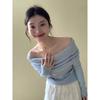 Blue One-word Collar Off-the-shoulder Long-sleeved Knitted Sweater for Women's Autumn and Winter High-end Sense Slim-fitting Inner Bottoming Shirt