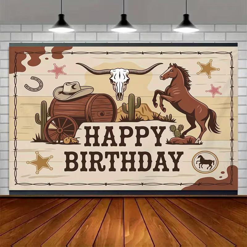 2D Western Happy Birthday Photography Backdrop, Cowboy Horse & Cactus Decor