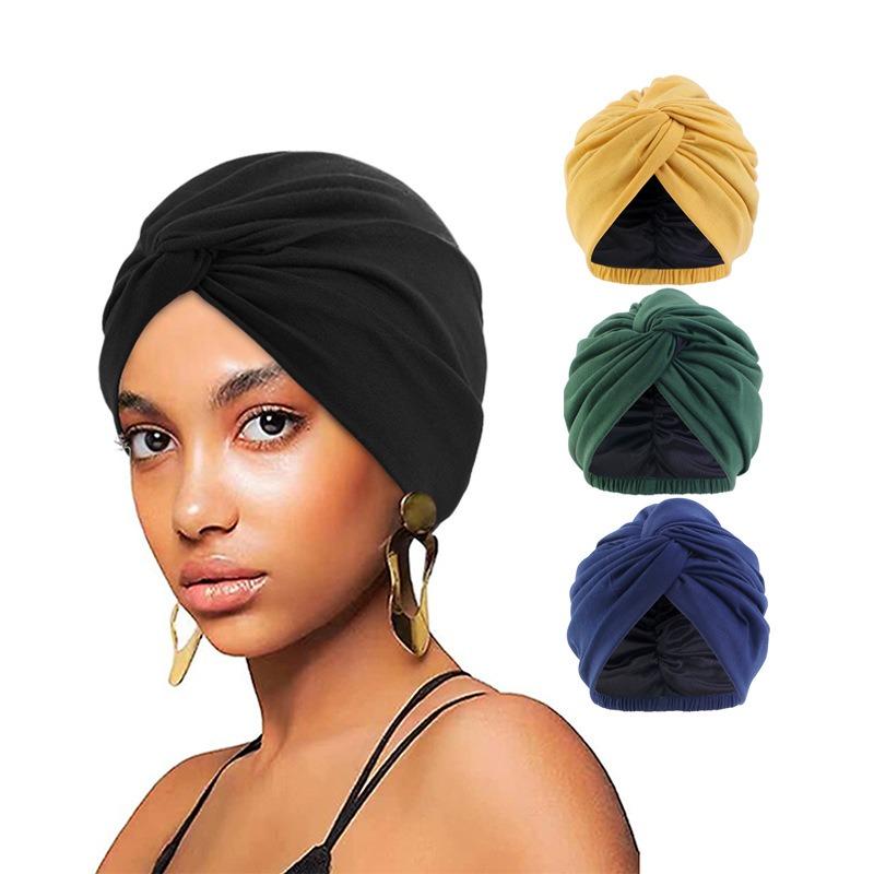 Simulation silk lined headscarf cap, cross twist cap, solid color chemotherapy cap, nightcap, soft cloth cap JDTC
