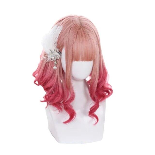 Peluca de Lolita rosa degradado, onda suelta media, dulce, estilo Harajuku, cosplay japonés, pelo sintético resistente al calor.